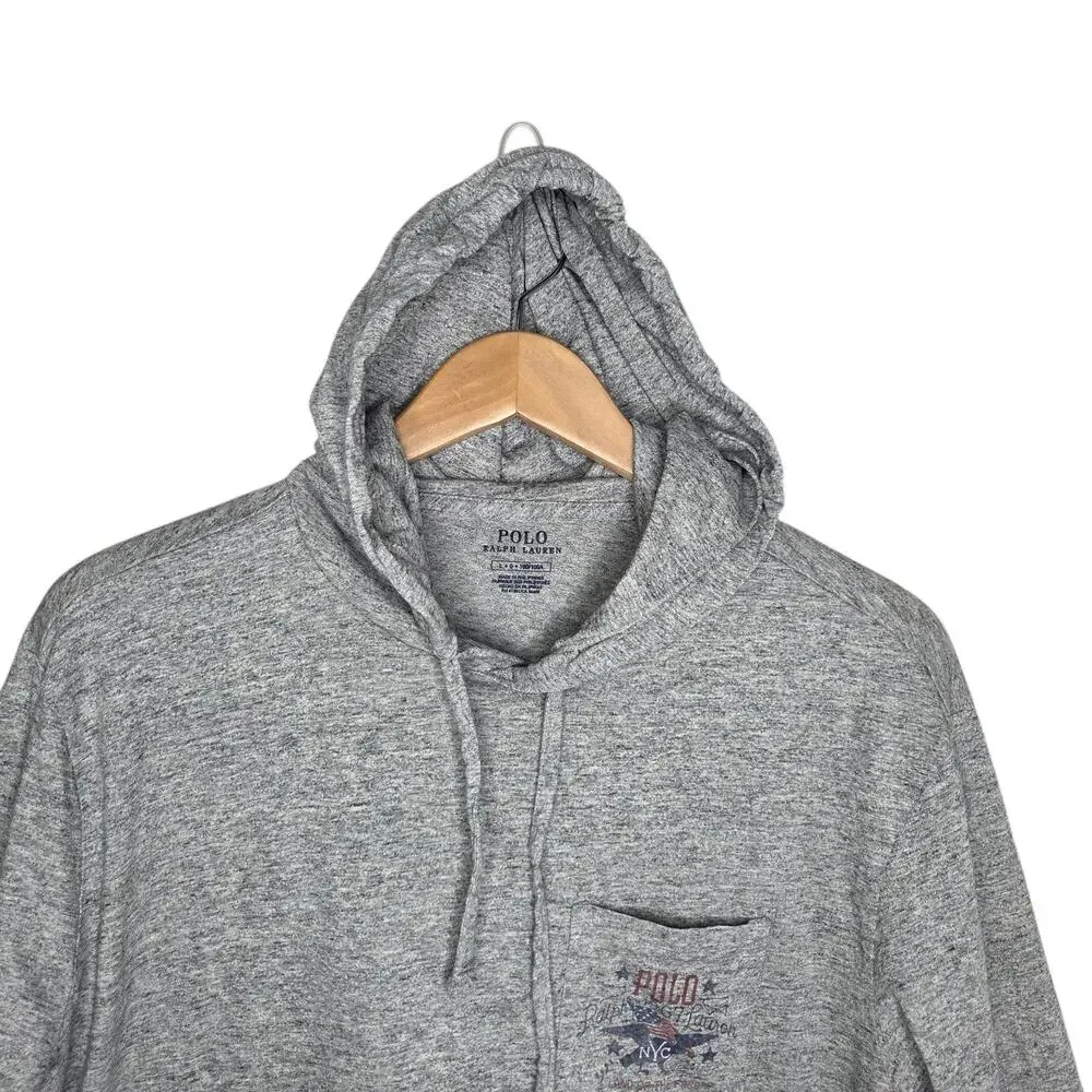 Ralph Lauren Mens Grey 1967 Polo Flag Cotton Hoodie Pullover Sweatshirt SZ L USA